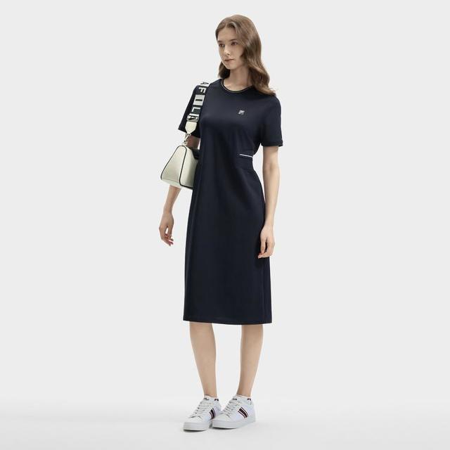 FILA 【防晒通勤】女装连衣裙女士时尚休闲防晒基础通勤针织短袖裙子
