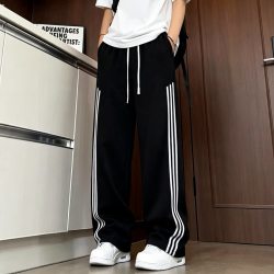 YOUNVFR 新款潮流百搭三条杠卫裤男春秋季新款条纹休闲运动裤子直筒休闲裤 黑色 M