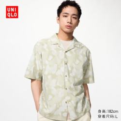 优衣库 莫代尔混纺印花开领衬衫/短袖男装衬衣空调衫490285 30 浅米色