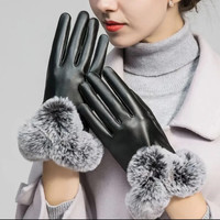 冬季保暖皮手套女士触摸獭兔毛口手套秋冬季加绒保暖PU光板皮手套
