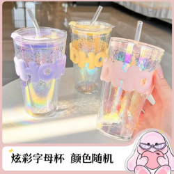 情侣字母韩系玻璃杯子ins高颜值大容量咖啡果汁炫彩吸管杯