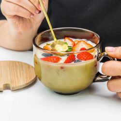 2个茶色早餐杯带勺大容量玻璃杯子纯色奶杯耐热喝水杯