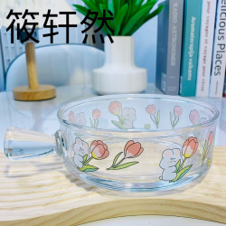花与兔透明玻璃盘家用装菜盘子沙拉水果盘新款网红圆盘深盘