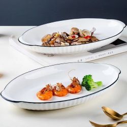 竖纹白蒸鱼盘大号2只装陶瓷釉下彩鱼盘烤鱼盘