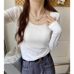 白色打底衫女秋冬季修身内搭辣妹显瘦露锁骨设计感长袖U领t恤上衣