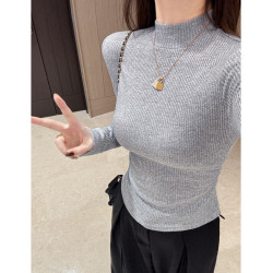 秋冬新款半高领打底衫女修身加绒内搭上衣设计感抽褶显瘦长袖t恤