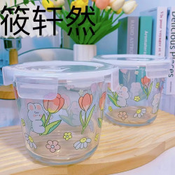 保鲜盒花与兔透明贴花玻璃碗