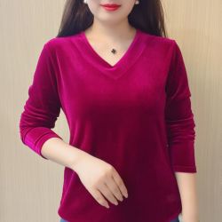 新款宽松遮肉红色洋气妈妈装长袖上衣V领大码显瘦百搭女款小衫