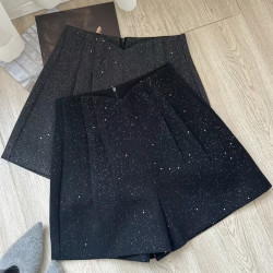 星空毛呢短裤高腰a字休闲西装裤亮片闪闪小个子靴裤辣妹阔腿裤冬