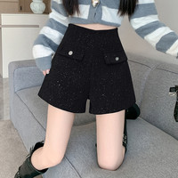 小香风闪闪亮片毛呢短裤女2025秋冬a字高腰显瘦直筒阔腿外穿靴裤