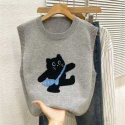 上衣小猫刺绣针织马甲女秋冬减龄百搭毛衣背心马甲背心针织601