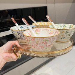 四季繁花5英寸斗笠碗 四碗四勺 高脚酸奶碗 釉下彩窑变餐具陶瓷