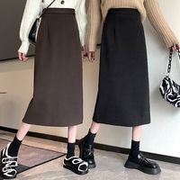 韩版直筒毛呢半身裙女2026新款早春款复古高腰后开叉包臀裙一步裙