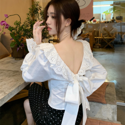法式露背蝴蝶结白色衬衫女春季+黑色波点半身裙套装