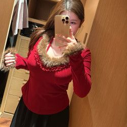 微胖mm冬季v领毛绒花边系带显瘦长袖T恤高腰半身裙套装