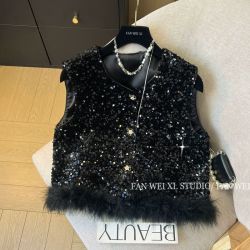 秋季复古亮片拼接羽毛圆领丝绒马甲背心女马夹上衣