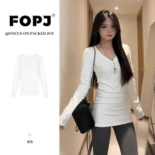 FOPJ春秋新款韩版长袖t恤女设计感V领收腰显瘦德绒内搭打底衫上衣