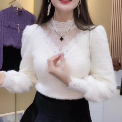 秋冬蕾丝打底衫女新款加绒加厚洋气网红保暖上衣半高遮肚显瘦内搭