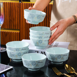 句途 影青甜蜜蜜10只4.6英寸米饭碗加厚防烫牡丹花吃饭碗陶瓷碗