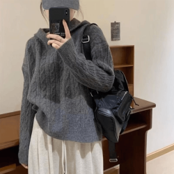 连帽麻花针织衫女2024年秋冬新款百搭慵懒风上衣宽松毛衣毛衣外套