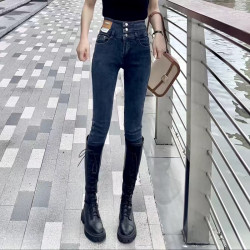 春秋女装裤子中年女装牛仔裤女高腰韩版修身百搭小脚裤显瘦弹力