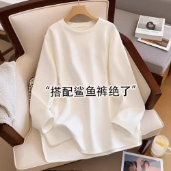 白色德绒下摆开叉t恤女秋冬宽松中长款加绒加厚韩版叠穿保暖上衣