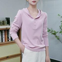 春秋季新款连帽卫衣女宽松显瘦上衣百搭休闲女士纽扣打底长袖T恤