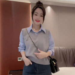 倪雅俪 设计感时尚拼接衬衫女2024秋季新款小个子洋气显瘦减龄假两件上衣
