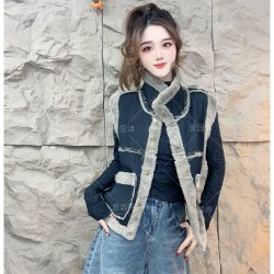 仿水貂毛牛仔马甲外套女2026秋冬新款加绒加厚马夹736#