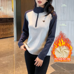 2026秋冬新款加绒加厚卫衣女时尚撞色半拉链长袖保暖立领显瘦上衣