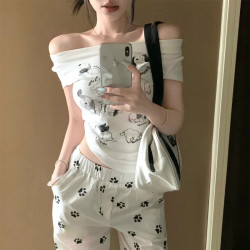 美式小众一衣多穿荡领上衣时尚精致卡通印花夏季爆款白色短袖T恤