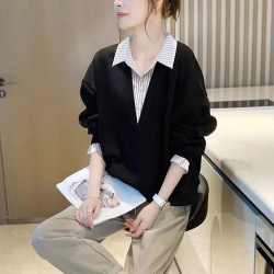 小琳同学 春秋新款设计感上衣假两件衬衣条纹拼接卫衣衬衫女减龄宽松百搭潮