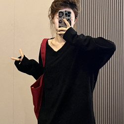 新款百搭宽松纯色大V领秋季慵懒风松弛感休闲显瘦防晒上衣#9925