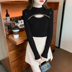 2025新款春秋季秋冬女长袖针织衫黑色洋气显瘦打底衫短款女内搭