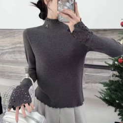 春秋新款半高领蕾丝木耳边百搭显瘦针织打底衫女628