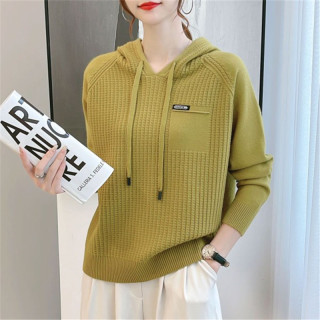 韩版针织抽绳连帽卫衣女秋冬款时尚宽松显瘦软糯毛衣纯色套头上衣