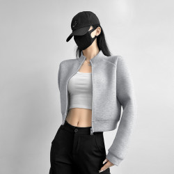 唐造秋季新款太空层高领显瘦女拉链开衫运动卫衣短外套