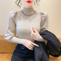 佳宝莉源 实拍 上档次法式复古半高领钉钻打底针织衫女内搭新款灯笼袖毛衣