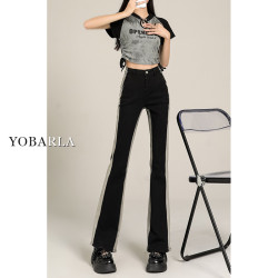 YOBARLA 黑色修容直筒牛仔裤新款女春季新款大码胖mm高腰弹力显瘦微喇马蹄
