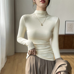 GOLDJEANNIE 杏色半高领打底衫女内搭2026秋冬加绒保暖白色长袖针织磨毛上衣潮