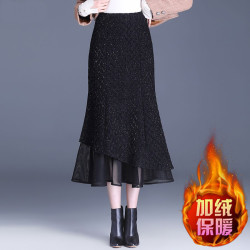 亮丝黑色鱼尾裙女半身裙秋冬加绒加厚保暖高腰中长款百搭显瘦包裙