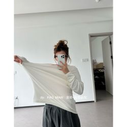 慵懒风秋季长款百搭宽松上衣长袖打底圆领显瘦