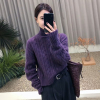 慵懒风秋冬高领紫色毛衣女款2026新款冬季宽松高级感短款内搭上衣