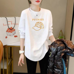 新款上衣T恤中长款白色长袖t恤女款大码洋气时尚女装打底衫宽松