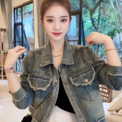 春秋复古钉珠设计感毛边长袖牛仔短外套洋气时尚百搭上衣女外套