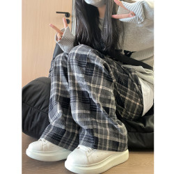 秋冬新款加绒外穿格子裤休闲三色垂感长裤复古高腰显瘦拖地阔腿裤