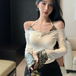 纯欲甜辣亮片拼接T恤女春季法式紧身独特挂脖假两件露肩长袖上衣