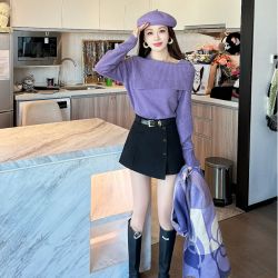 柔姝 2026韩系新款纯欲辣妹百搭气质针织衫时尚一字领显瘦女上衣H3-33