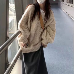 慵懒风圆领灯笼袖麻花毛衣女秋冬季宽松休闲软糯小个子加厚针织衫