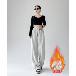 白灰运动裤女秋冬加绒加厚裤子女宽松显瘦百搭高腰阔腿裤束脚卫裤